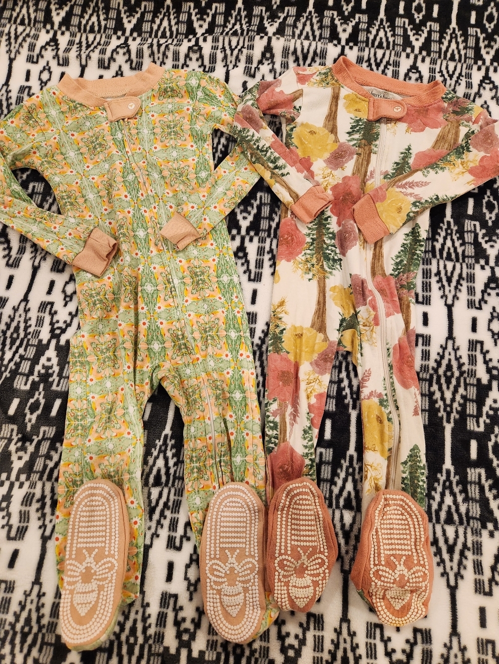 Burt's Bees Baby Floral & Woodland Footed Jumpsuits in Green, Cream & Pink